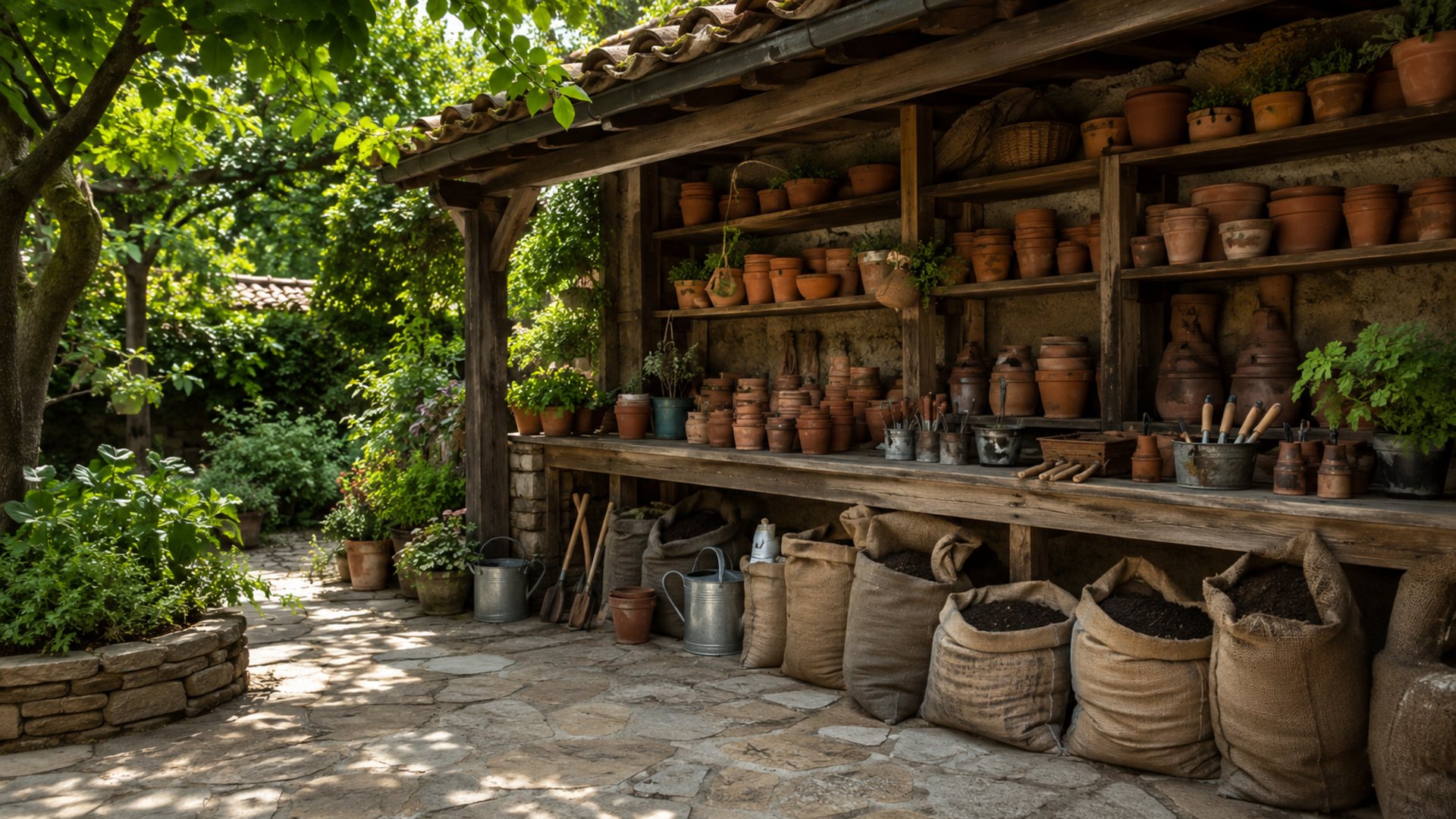 Pátio da loja com prateleiras de madeira cheias de vasos de barro, sacos de terra abertos e alfaias debaixo de um telhado de telha