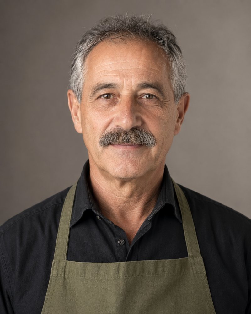 Homem grisalho de bigode com avental verde-azeitona, retrato de estúdio em fundo cinzento quente