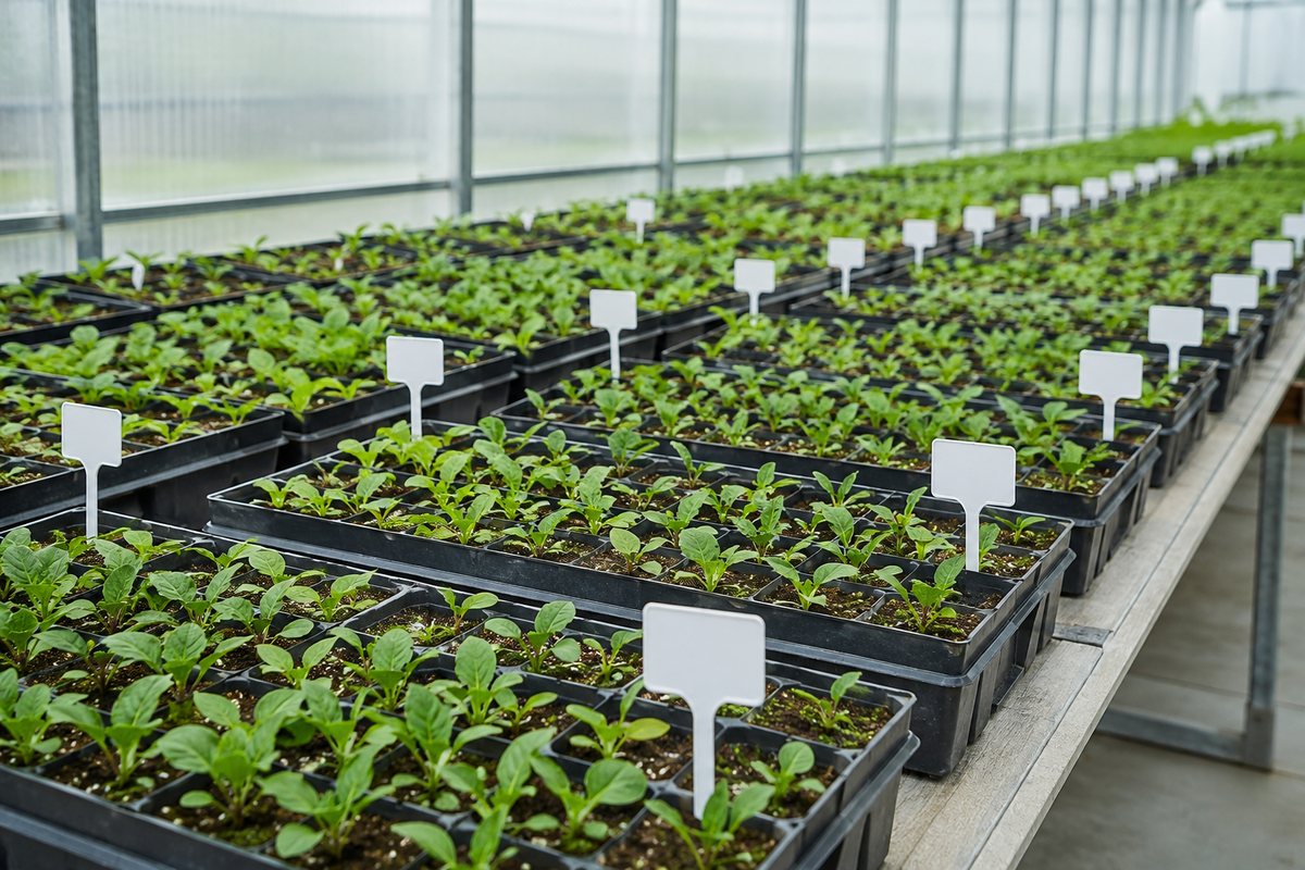 Filas de plantas jovens em tabuleiros pretos numa bancada de estufa, com marcadores brancos sem escrita espetados na terra